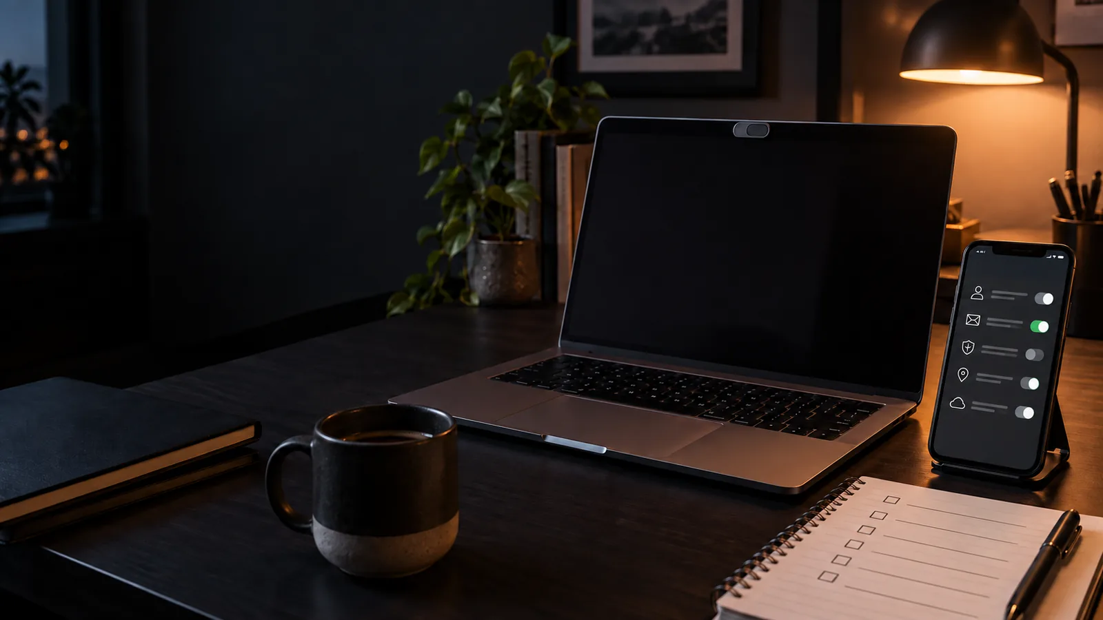 Laptop con copri-webcam chiuso, controlli di sicurezza e checklist senza dati personali