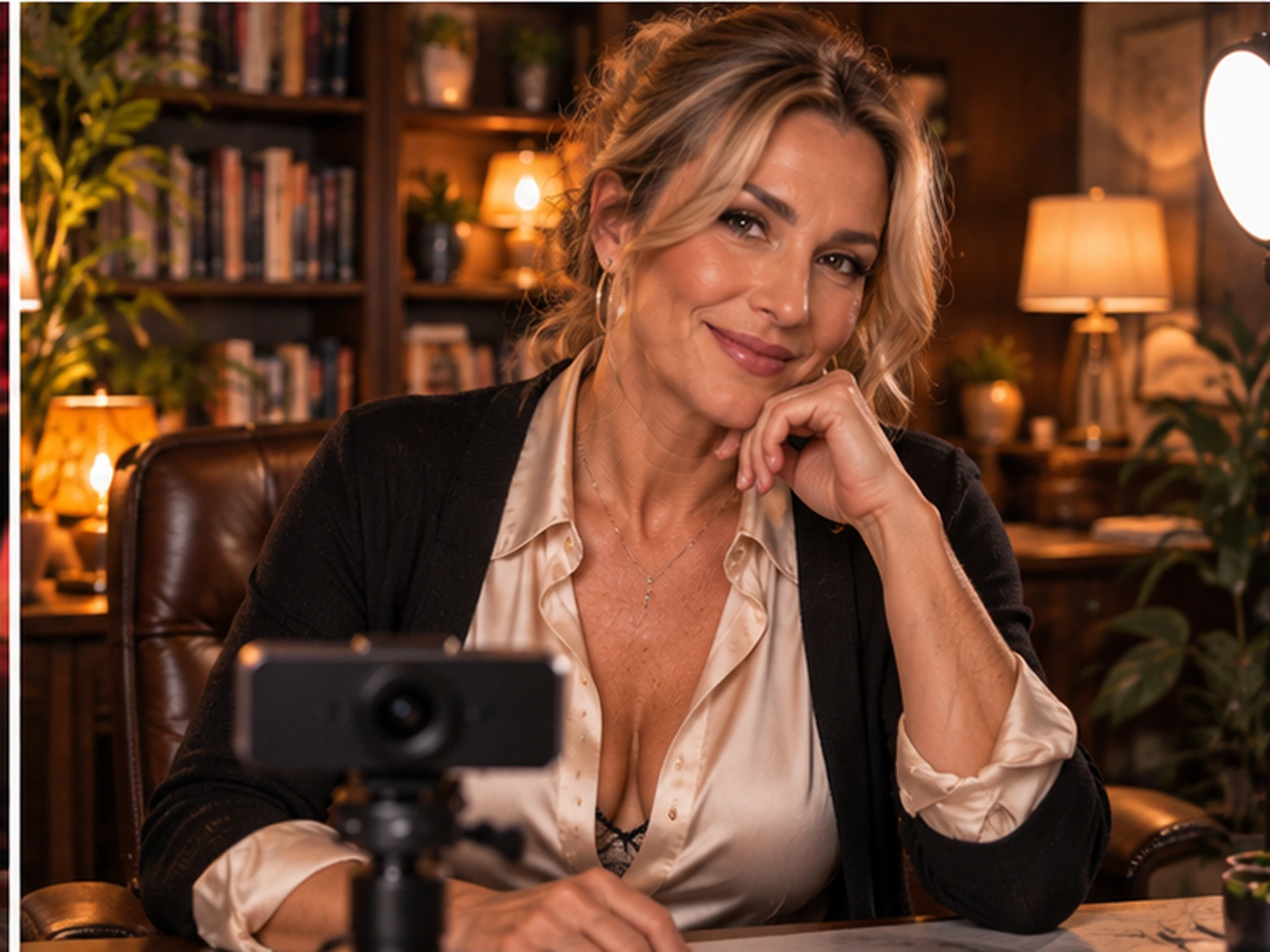 Donna matura prepara una postazione webcam elegante con luce soffusa.